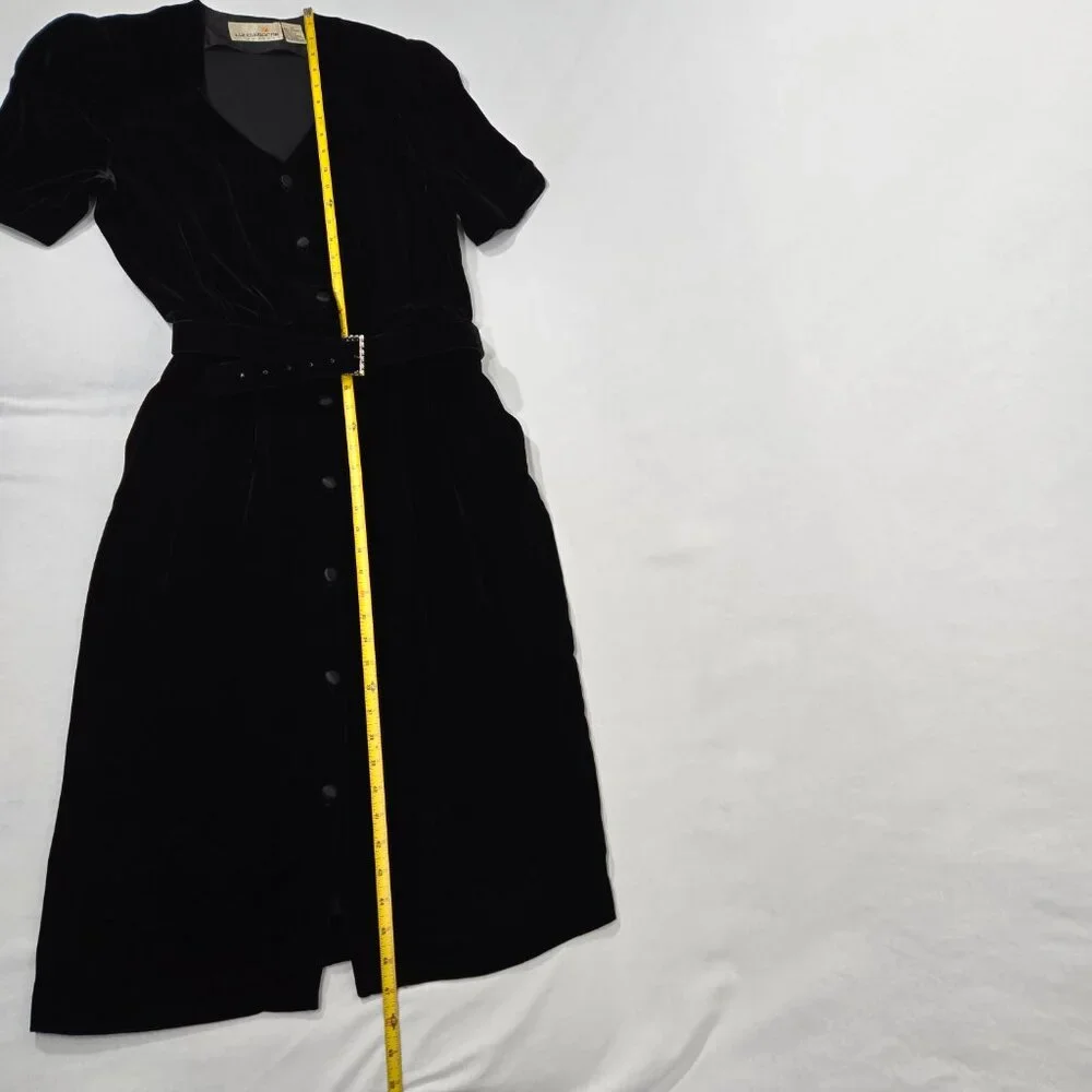 VINTAGE Academia Y2K Sirencore BLACK VELVET Pocket Belt Midi Dress Women Size 10 - Picture 14 of 16